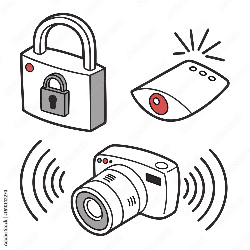 Aufkleber security devices lock camera motion sensor icons vector