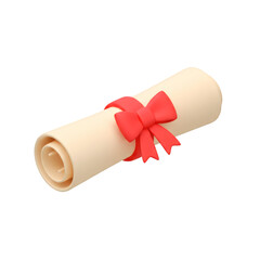 A rolled-up certificate tied with a red ribbon, signifying achievement or graduation.  isolated on a transparent background, png, cutout