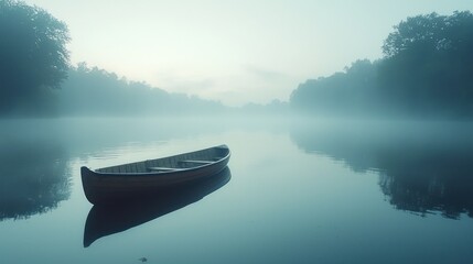 Canoe on calm lake reflecting mist