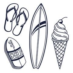 Summer vacation icons flip flops surfboard ice cream