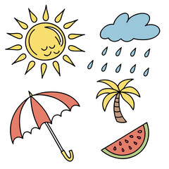 Summer weather icons with tropical elements cloud rain