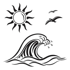 Sun wave and birds ocean water