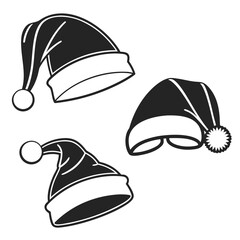 Three black Santa hats with white trim christmas hat