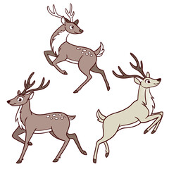 Three cartoon deer jumping and running fawn reindeer
