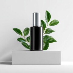 Black bottle with green leaves on a white cube