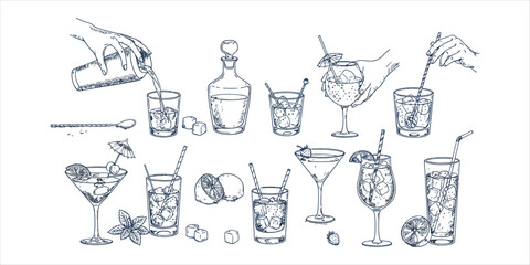Hand pouring cocktail into glass with ice cubes and garnishes sketch drink beverage