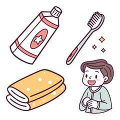 Toothpaste brush towel and happy person toothbrush