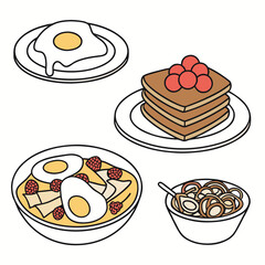 Stacked pancakes with berries fried eggs cereal and fruit breakfast food