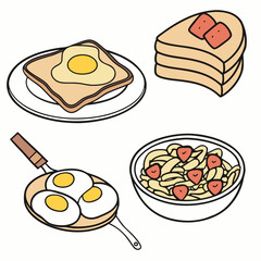 Stacked pancakes fried eggs and pasta with strawberries breakfast toast