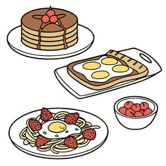 Stacked pancakes with cherries toast with eggs spaghetti with strawberries and bowl of cherries