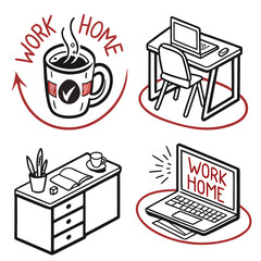 Work from home icons coffee mug desk laptop vector