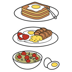 Stacked pancakes with fried egg toast and croissant breakfast plates vector