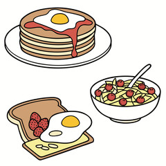 Stacked pancakes with syrup and fried egg toast with strawberries and bowl of cereal with meatballs