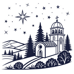 Fototapeta premium Starry night over church and hills with pine trees stars building