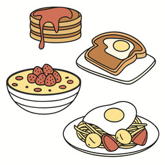 Stacked pancakes with syrup bowl of cereal with berries toast with fried egg plate with noodles