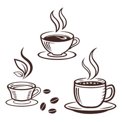 Steaming coffee cups and tea leaves with beans cocoa hot drink