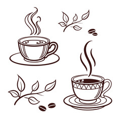 Steaming coffee cups with leaves and beans cocoa hot drink