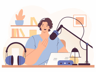 Podcast Host Recording a Show with Microphone and Headphones in Home Studio Illustration podcast host