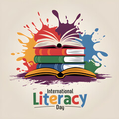 International Literacy Day: Stack of Colorful Books and Creative Typography