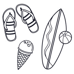 Summer vacation icons surfboard flip flops ice cream vector