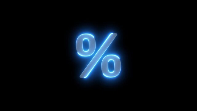 Business concept neon percent icon animation, on black background.glowing neon percent icon animation .