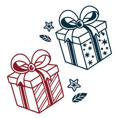 Two festive gift boxes with bows and decorative elements present ribbon