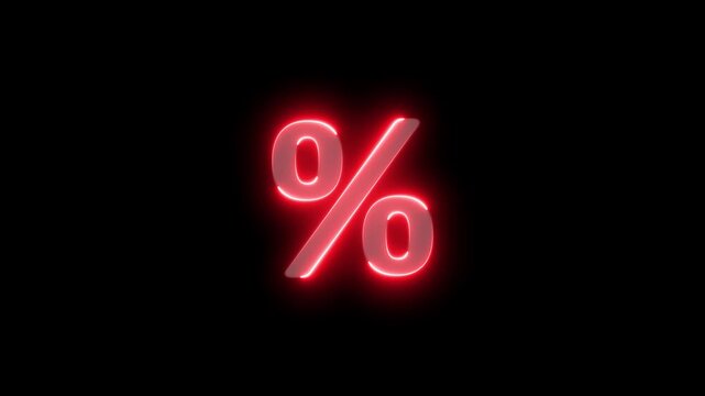 Business concept neon percent icon animation, on black background.glowing neon percent icon animation .
