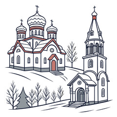 White churches with domes and bell tower in winter landscape cathedral snow