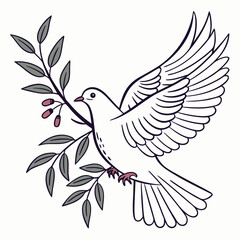 White dove flying with olive branch and berries bird leaves