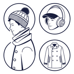 Winter fashion icons boy with hat and coat headphones vector