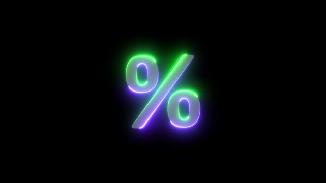 Business concept neon percent icon animation, on black background.glowing neon percent icon animation .