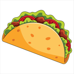 Mexican food taco in tortilla shell. Flat vector illustration for cultural cuisine, street food graphics and traditional lunch themed artwork