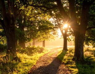 sunlit forest with trees gently swaying in the breeze
