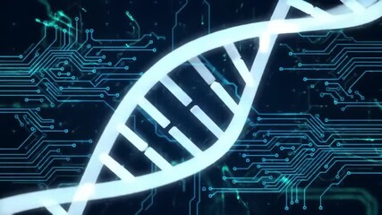 DNA & Circuitry Pale DNA strands overlay a dark blue circuit board background, suggesting genetic engineering or digital biology concepts - Powered by Adobe
