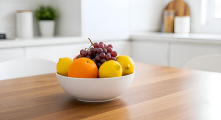 A minimalist bowl of fruit on the kitchen table, clean look
