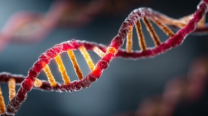 A detailed 3D rendering of the iconic double helix DNA structure,