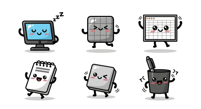 Adorable anthropomorphic office supplies, including a sleeping computer, dancing calendar, happy spreadsheet, cheerful notepad, energetic eraser, and lively ...