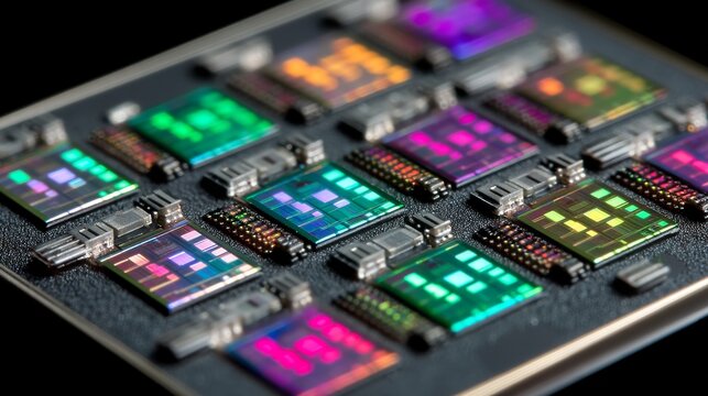 Close-up of a printed circuit board with multiple integrated circuit chips in a grid pattern,