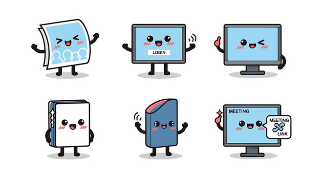 A collection of cute kawaii office and technology character mascots, including computers and documents.