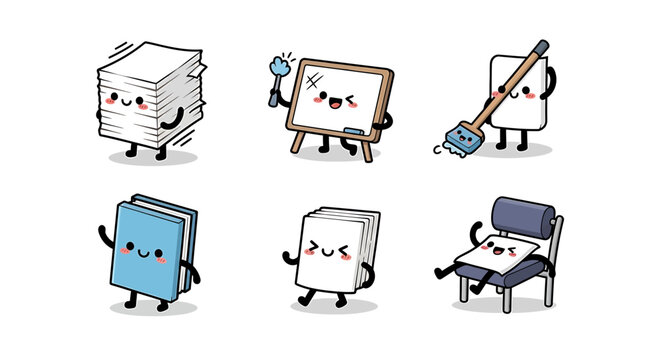 Six cartoon paper characters are depicted: a stack, a whiteboard, sweeping, a book, walking, and sitting in a chair.