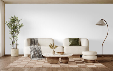 Modern minimalist living room PNG with shadow – white sofa, green cushion, wooden floor and black...