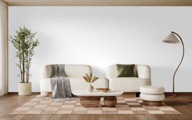 Modern minimalist living room PNG with shadow – white sofa, green cushion, wooden floor and black background – Transparent Wall Mockup with Realistic Shadows – 3D render	
