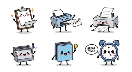 Adorable office supplies personified as cute cartoon characters, showcasing a printer, clipboard, stapler, paper cutter, and alarm clock.