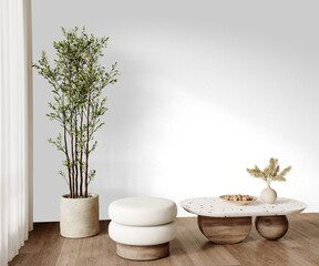 Modern plant, ottoman and coffee table PNG – transparent background with natural shadow for home...