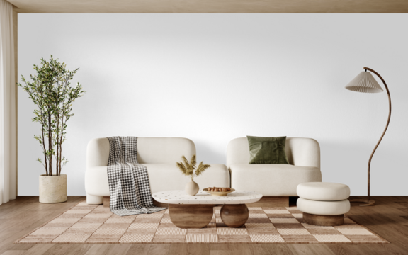 Modern minimalist living room PNG with shadow – white sofa, green cushion, wooden floor and black background – Transparent Wall Mockup with Realistic Shadows – 3D render	
