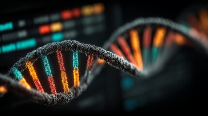 A double helix structure representing DNA with colored segments indicating genetic sequences,