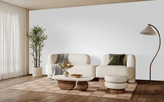 Stylish interior PNG with sofa and coffee table – black background with realistic shadows and natural elements – Transparent Wall Mockup with Realistic Shadows – 3D render	
