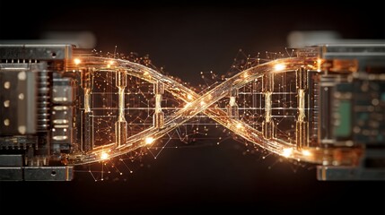 Fototapeta premium A complex mechanical structure resembling a robot part with a glowing golden infinity symbol made of keys and grid lines