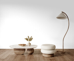 Interior PNG with round ottoman, coffee table, and floor lamp – transparent background and natural shadow – Transparent Wall Mockup with Realistic Shadows – 3D render	
