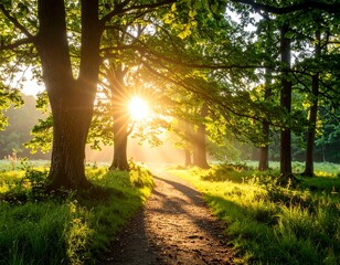 peaceful nature scene with trees swaying in the breeze and sunlight filtering through